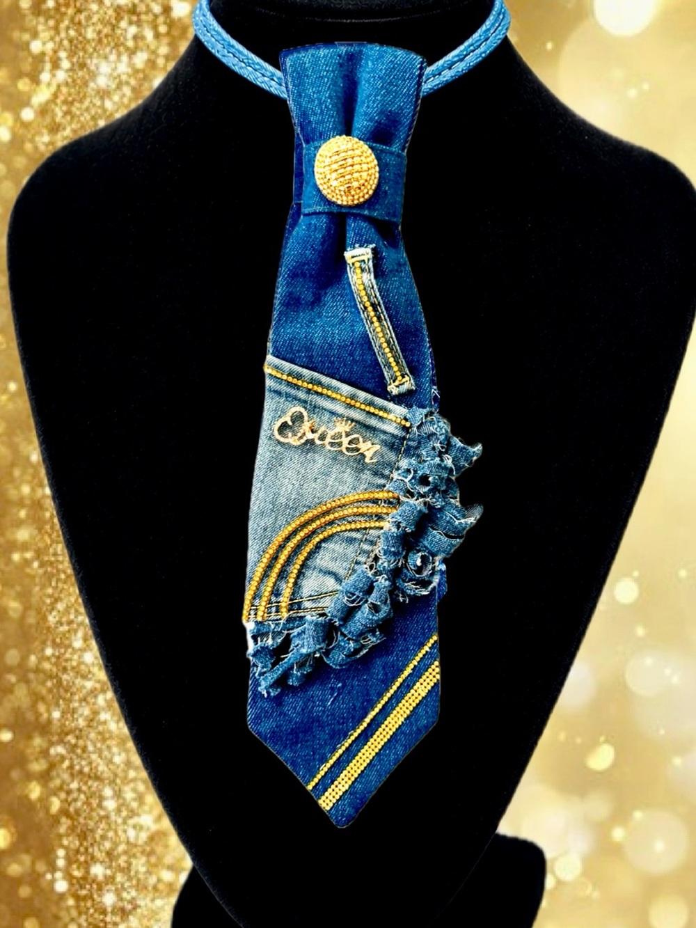 Blue Denim Statement TIE NECKLACE with Curly Ruffles and Gold Accents
